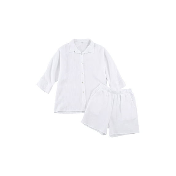aturustex Women Nightwear Sets 2 Pcs Casual Cotton Linen Long Sleeve Shirts +High Waist Shorts Loose Loungewear
