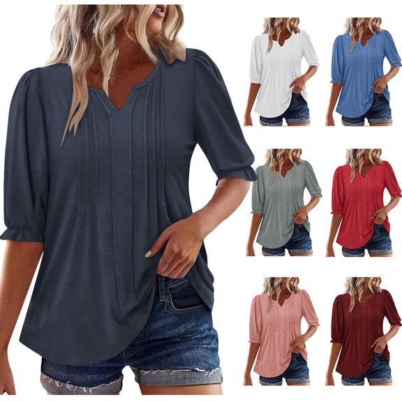 Tqyyweavej Sweatshirt for Women Half Ruffle Sleeve Pleated V Neck Tops Tees Solid Color Casual Fitted Tunic Shirts S-2XL