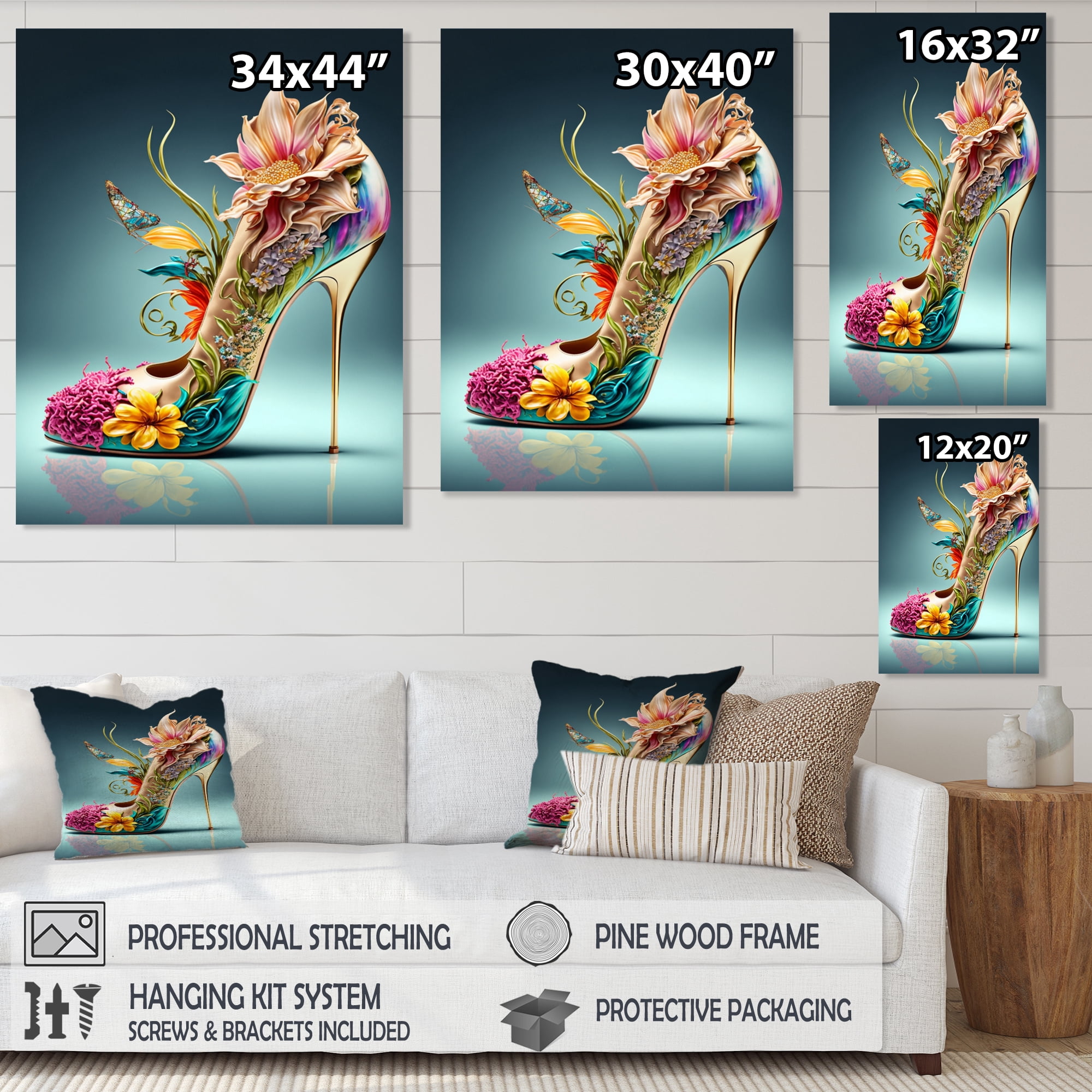 Designart Blue Floral Hight Heels III Canvas Wall Art