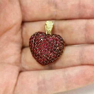 14K Yellow Gold Finish Free 18" Chain 2Ct Round Red Garnet Diamond Heart Pendant