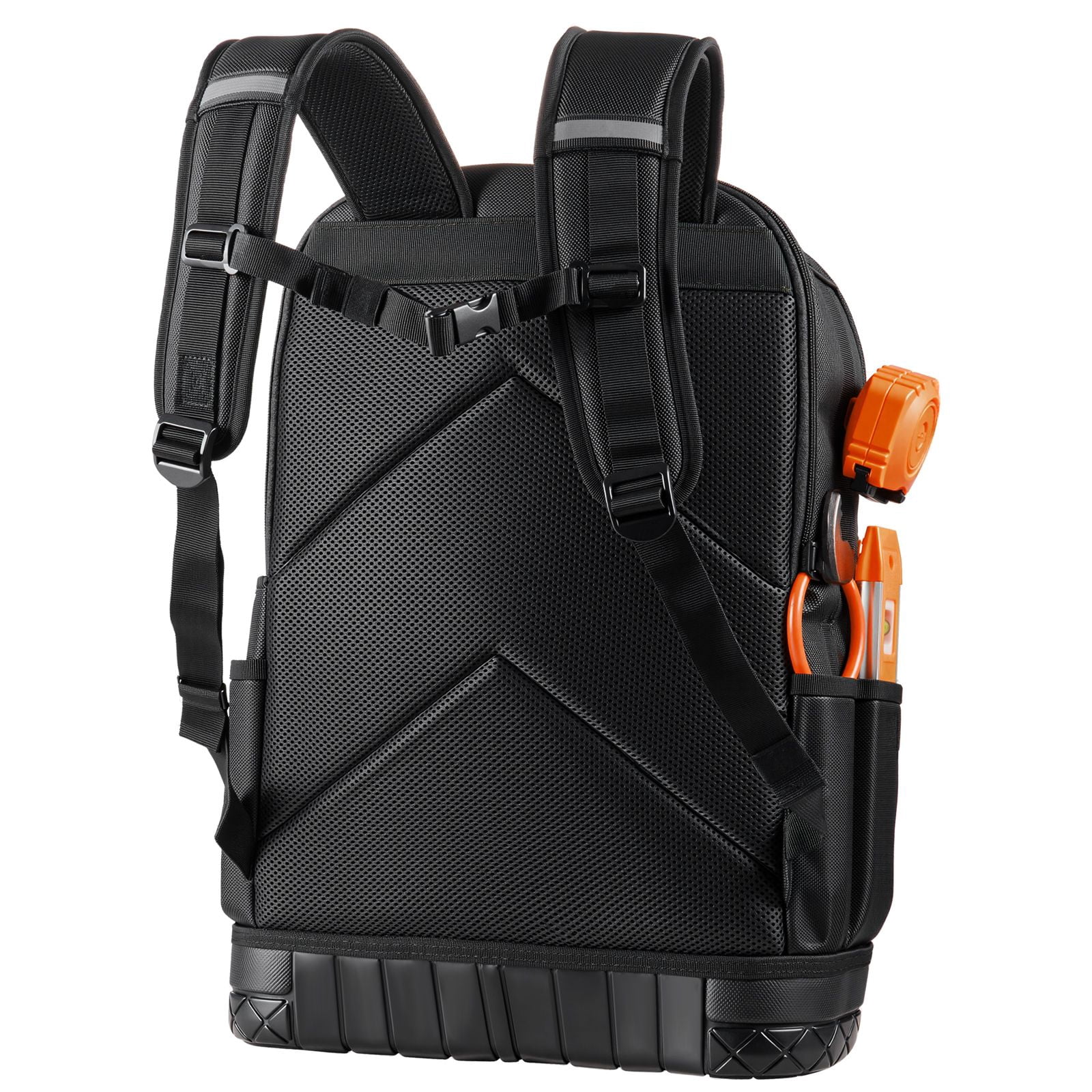 Tool Backpack 65 Pockets, 70 lbs Capacity, 1680D Oxford Fabric, Laptop Compartment, Molded Base, for Electrician Plumber HVAC