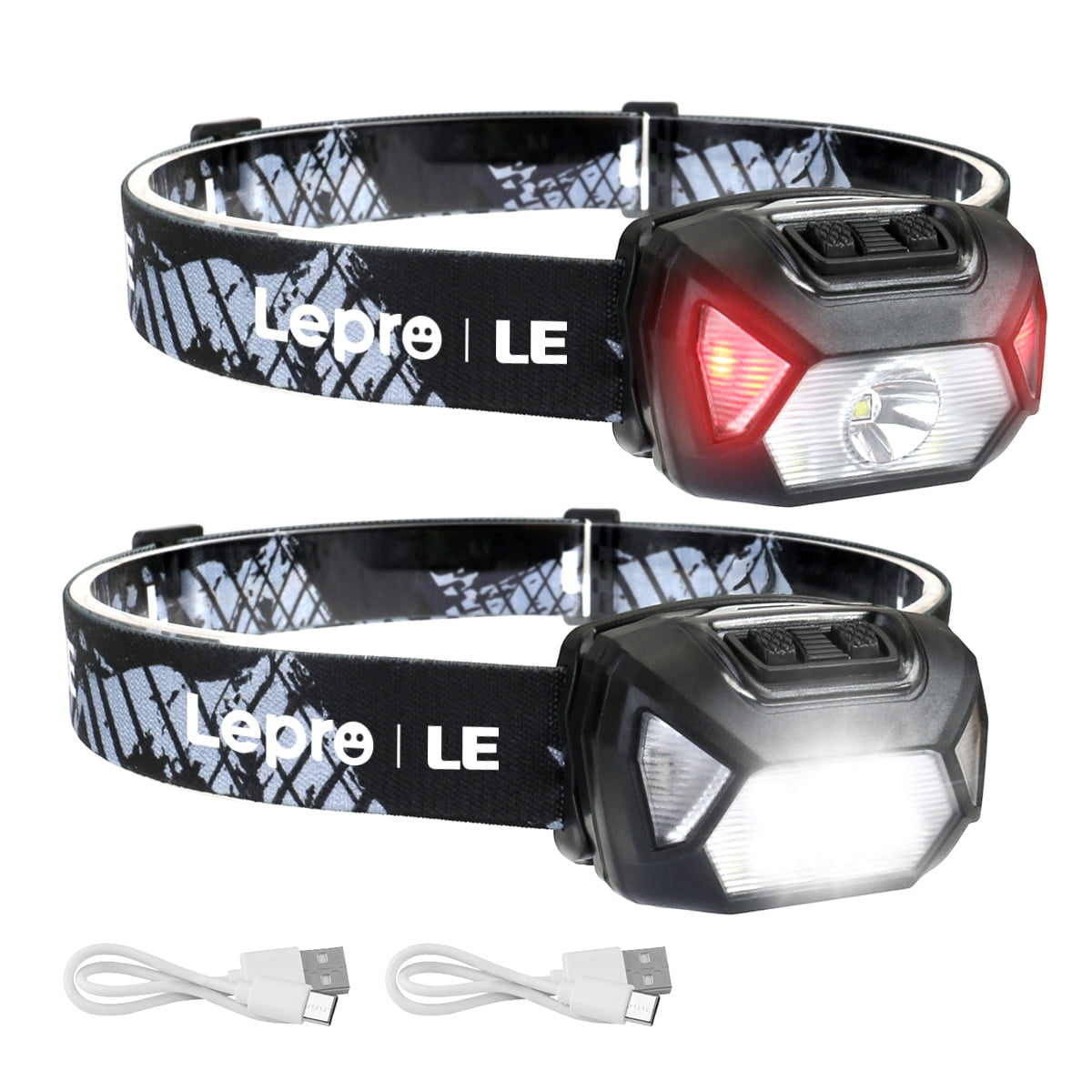 Lepro Rechargeable LED Headlamp 2-Pack, 2000 Lux Brightness, 6 Modes Including Red Light, Adjustable Strap, IPX4 Waterproof