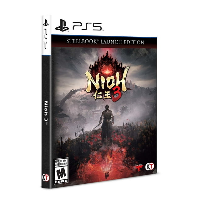 Nioh 3 Édition de Lancement de Steelbook pour PlayStation 5 Mettant en Vedette un Guerrier Samouraï Se Tenant sur un Champ de Bataille Brumeux avec une Épée, Reflétée dans une Piscine Rouge Ardente en Dessous, sous des Nuages Sombres et un Symbole yokai Lumineux au-Dessus du Titre du Jeu, Convient aux Amateurs de JdR d'Action.