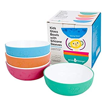 Elk and Friends Kids Tempered Glass White Bowls with Silicone Sleeve - Kids/Toddler/Baby Feeding bowls - Microwave & Dishwasher Safe - Tempered Glass - Non Slip - Cereal/Soup/Snack