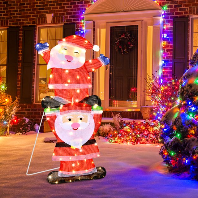 Costway Christmas Outdoor LED Double Santa Yard Sign W/ String Lights & 4 Stakes