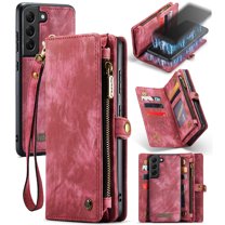 Feishell Durable 2-In-1 Magnetic Detachable Wallet Case for Samsung Galaxy S22,for Women Men,Premium PU Leather Zipper Pocket Flip Multi Card Slots Purse Phone Case with Wrist Strap,Red