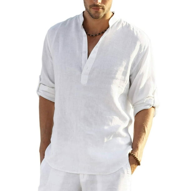 Thaisu Cotton Linen Henley Shirt for Men Loose Fit Tops Long Sleeve ...