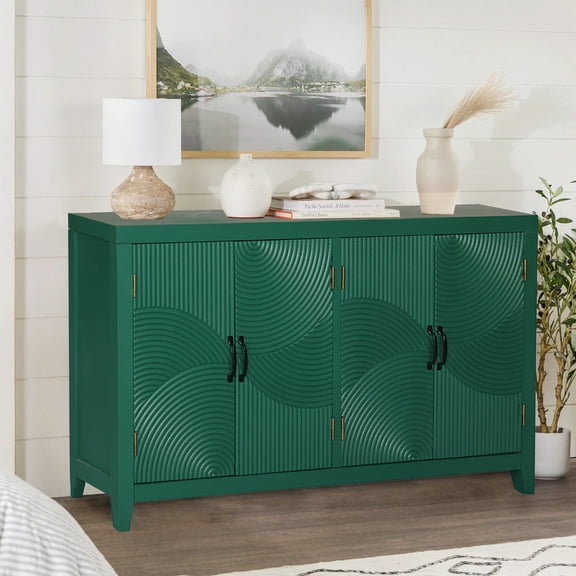 59" Mid-Century Modern Green Accent Cabinet – 4-Door Vintage Pantry Storage with Adjustable Shelves, Wood Buffet for Living Room, Dining Room & Entryway