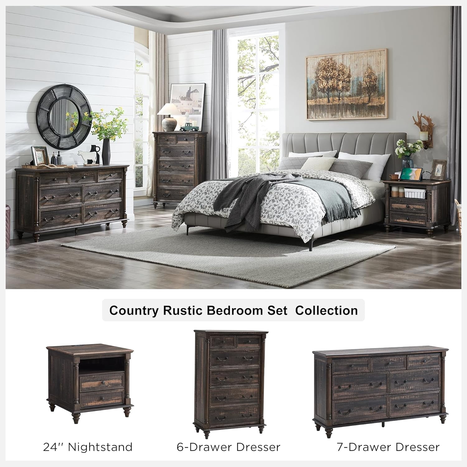 OKD Farmhouse 7 Drawers Dresser Chests for Bedroom, 54" Wide Wood Rustic Tall Chest of Drawers with Solid Wood Feet for Living Room, Dark Rustic Oak