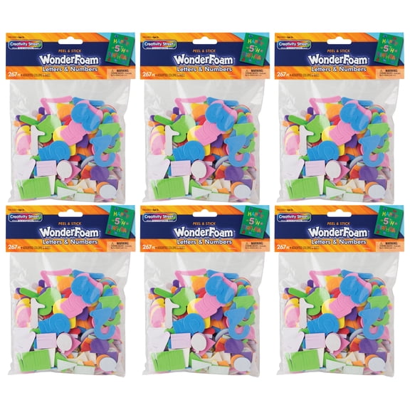 Creativity Street WonderFoam Peel & Stick Letters & Numbers, Assorted Colors & Sizes, 267 Pieces Per Pack, 6 Packs