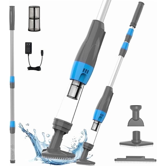 YSMJ Cordless Handheld Pool Vacuum, 90 Min Runtime Rechargeable Cleaner with Pole & Safety Detector for Small Above Ground Pools, Hot Tubs and Spas (Blue& Grey)
