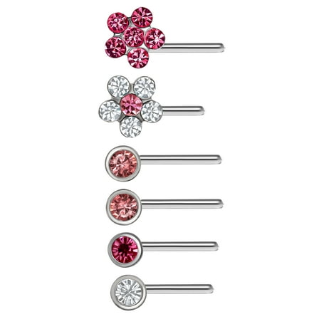Adult Women's Body Jewelry Stainless Steel 22G Multicolor Flower Stud Nose Rings, 6 Pack