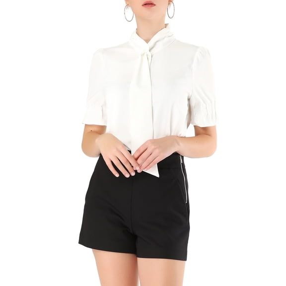 INSPIRE CHIC Women's Tie Neck Shirt Button Down Puff Sleeve Work Blouse XS White