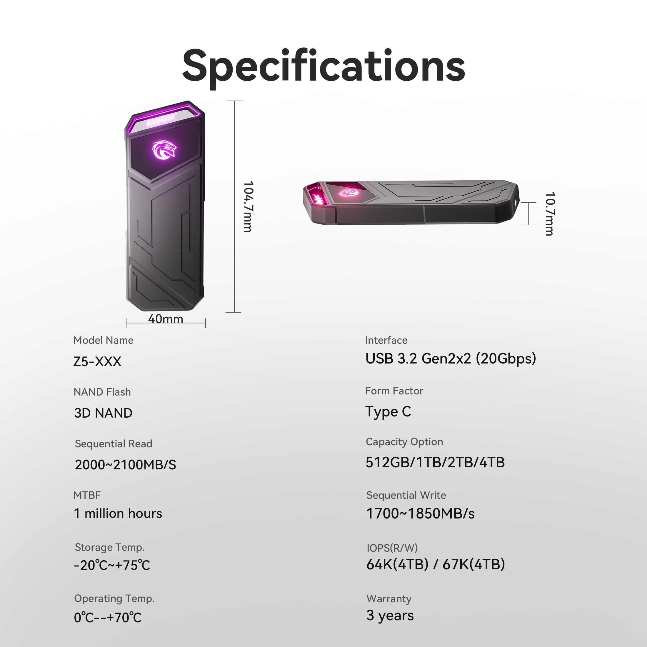 KingSpec Z5 512GB External Portable Solid State Drive USB3.2 Gen2x2 SSD - 2100MB/s, with RGB Light, Zinc Alloy Case Compatible with Mobile Phone/PS4/Laptop/TV/PC