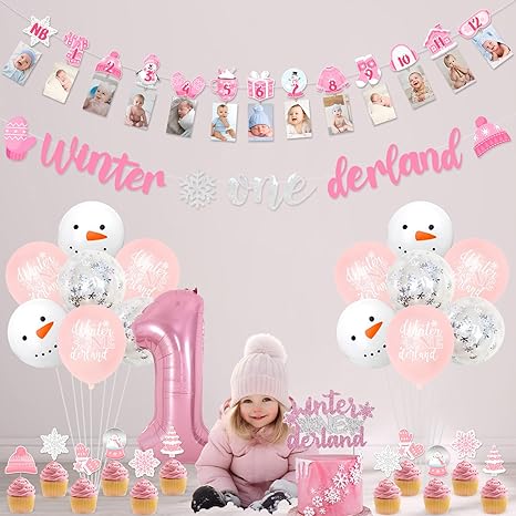 Winter Onederland 1st Birthday Girl Decorations, Winter Onederland Snowflake Banner Monthly Photo Banner Cake Cupcake Toppers, White Pink 1 Foil Balloon for Girls First Birthday Party