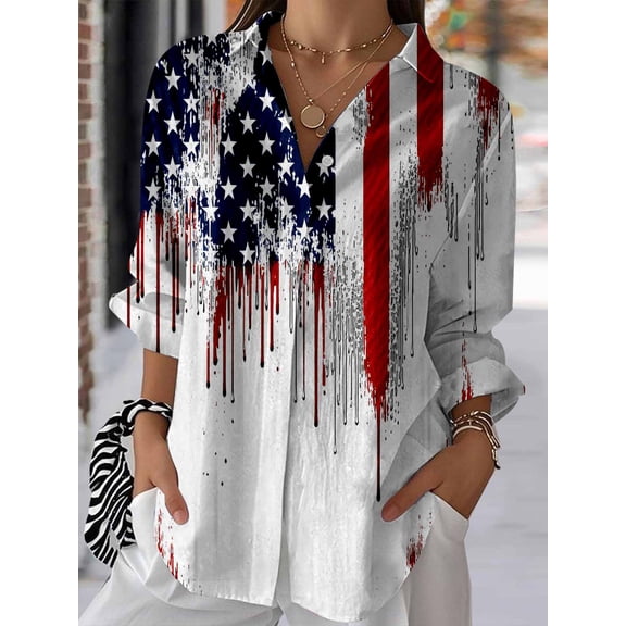 Nyfairy Plus Size Women's Independence Day Print Long Sleeve V Neck Button Casual Shirt