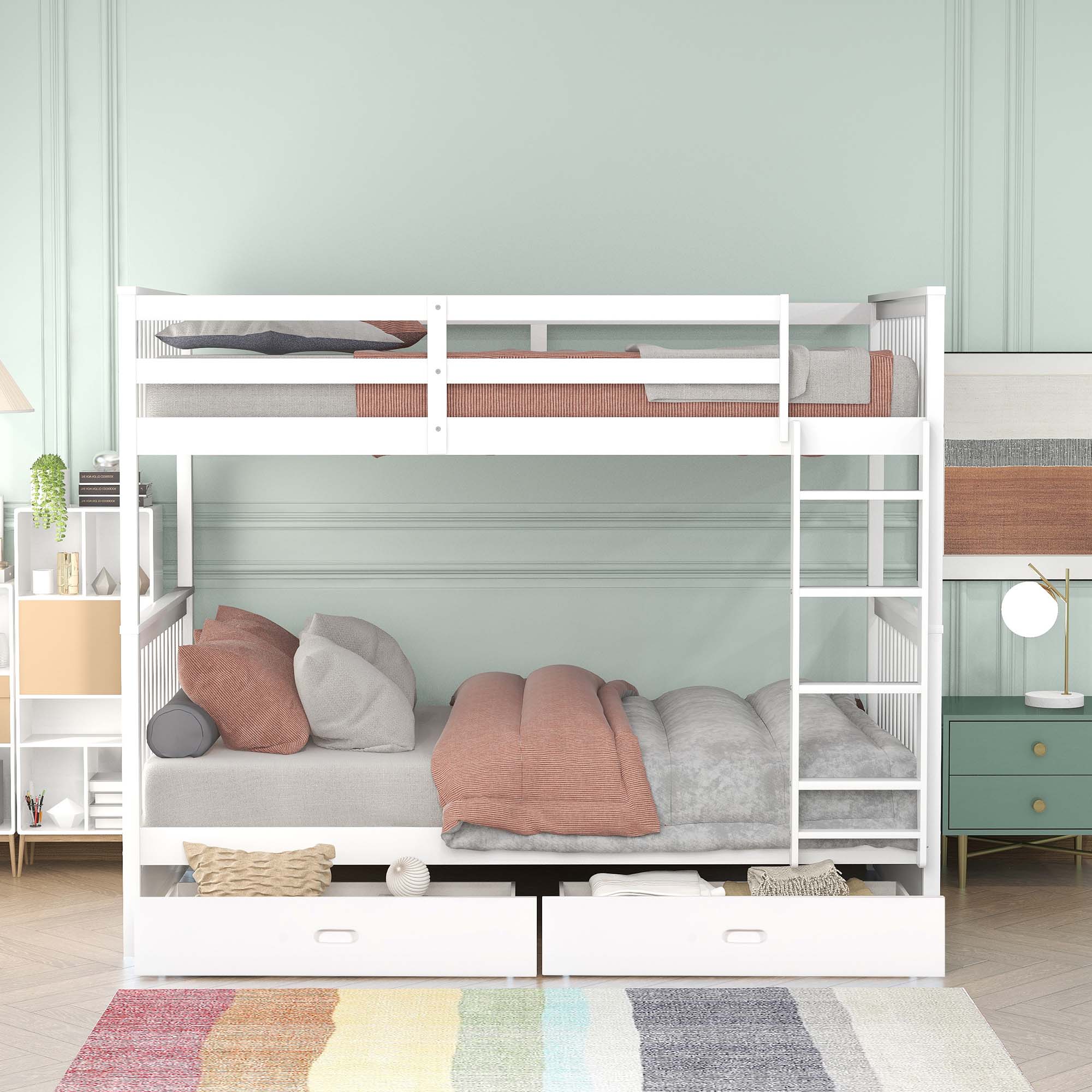 Aukfa Twin over Twin Bunk Bed with Two Storage Drawers, Wood Convertible Two Bed for Kids Teens - White