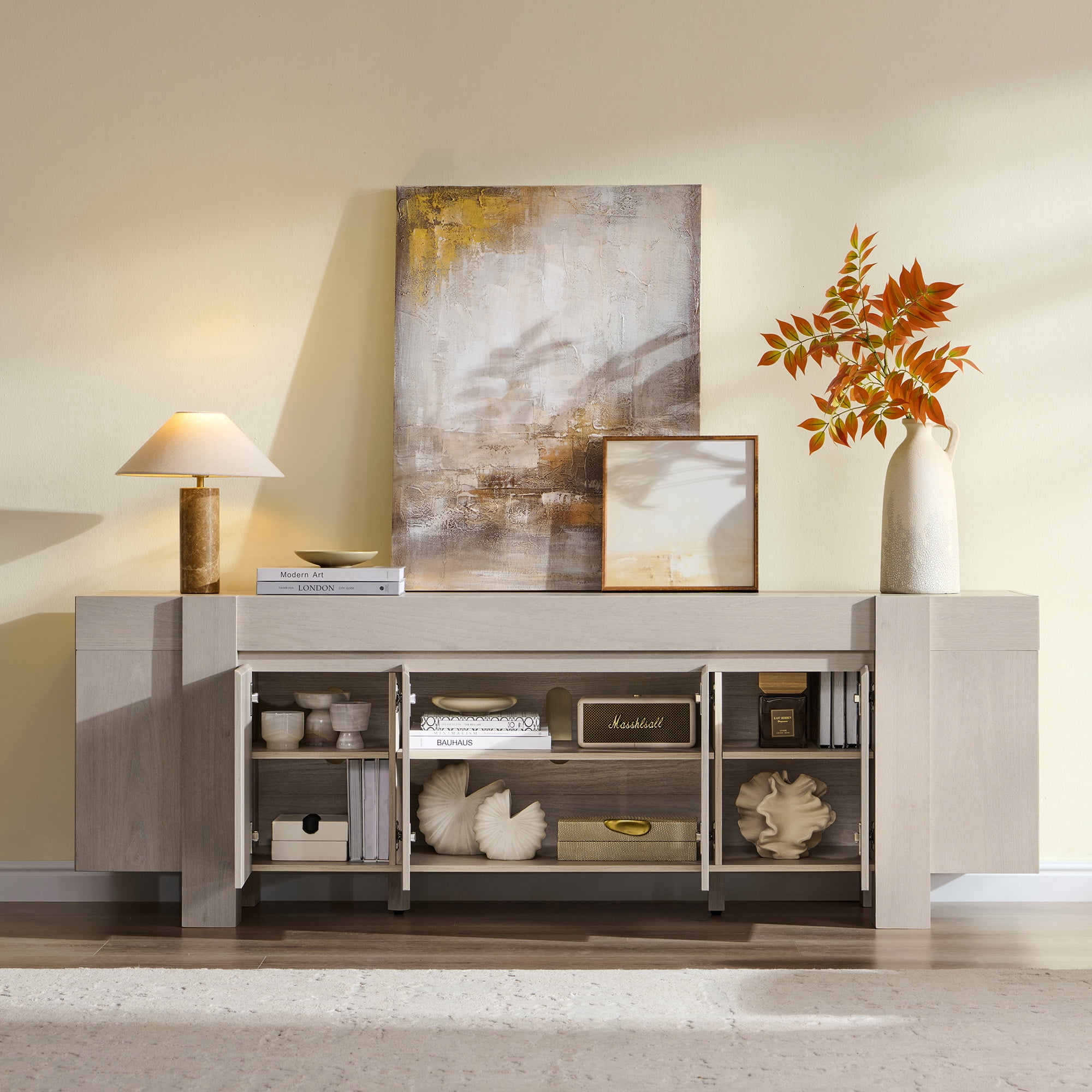 KeyWhat TV Stand for TVs Up to 80", Modern Farmhouse Entertainment Center with Storage Cabinet, Media Console Table for Living Room, White Alder
