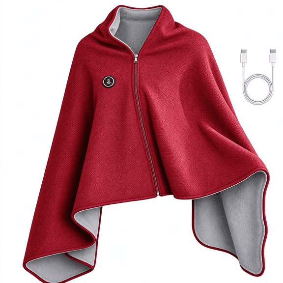 Heated Shawl Wraps for Women, USB Wearable Heated Blanket, Red Soft Warm Cozy Travel Blanket for Home, Office, Travel(Power Bank Not Included)