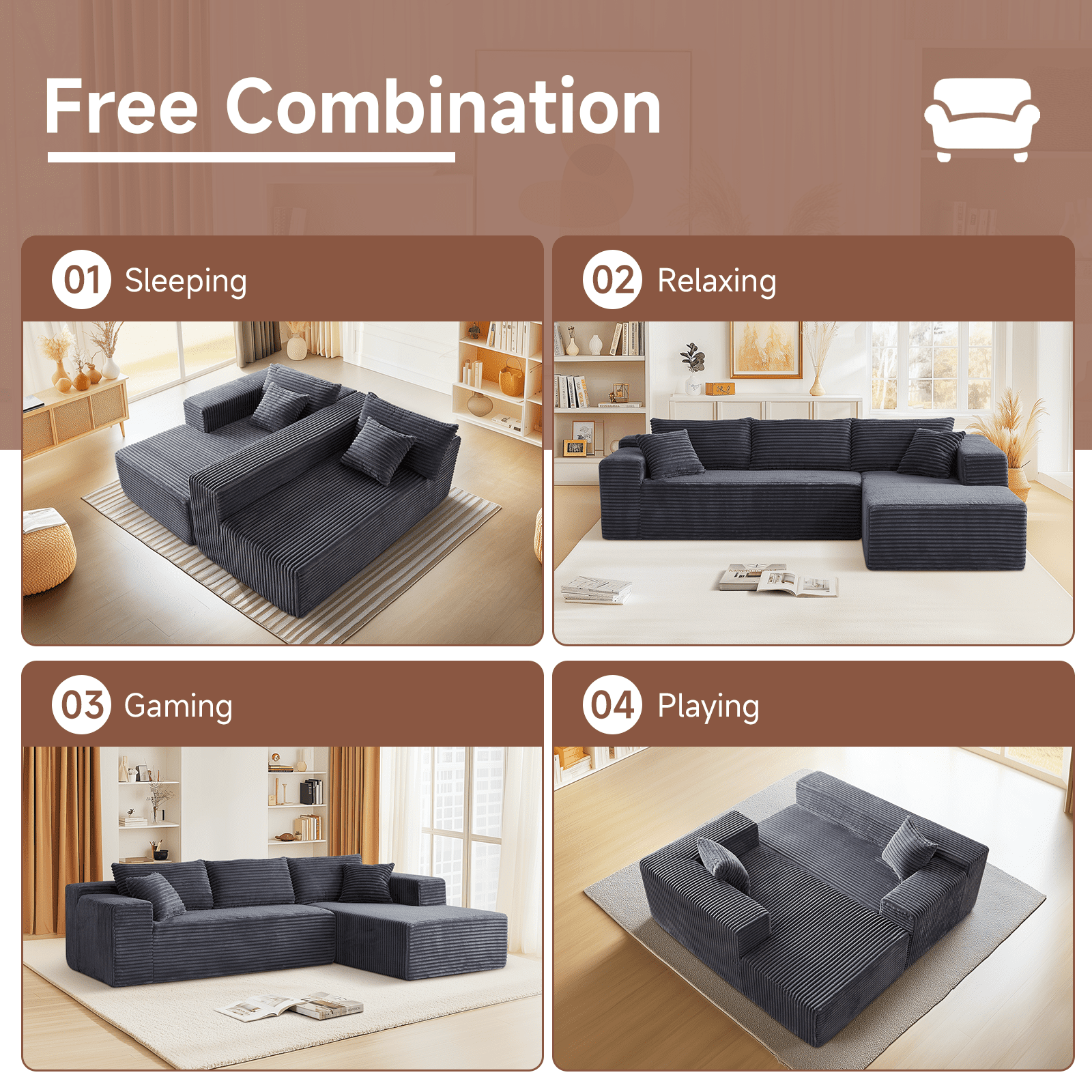 104" Modular Sectional Sofa, Flannel Modern L-Shaped Cloud Couch with Chaise Lounge & Pillows, Compressed Sofa with Upholstered High-Density Sponge, Corner Sofa for Living Room Bedroom Apartment