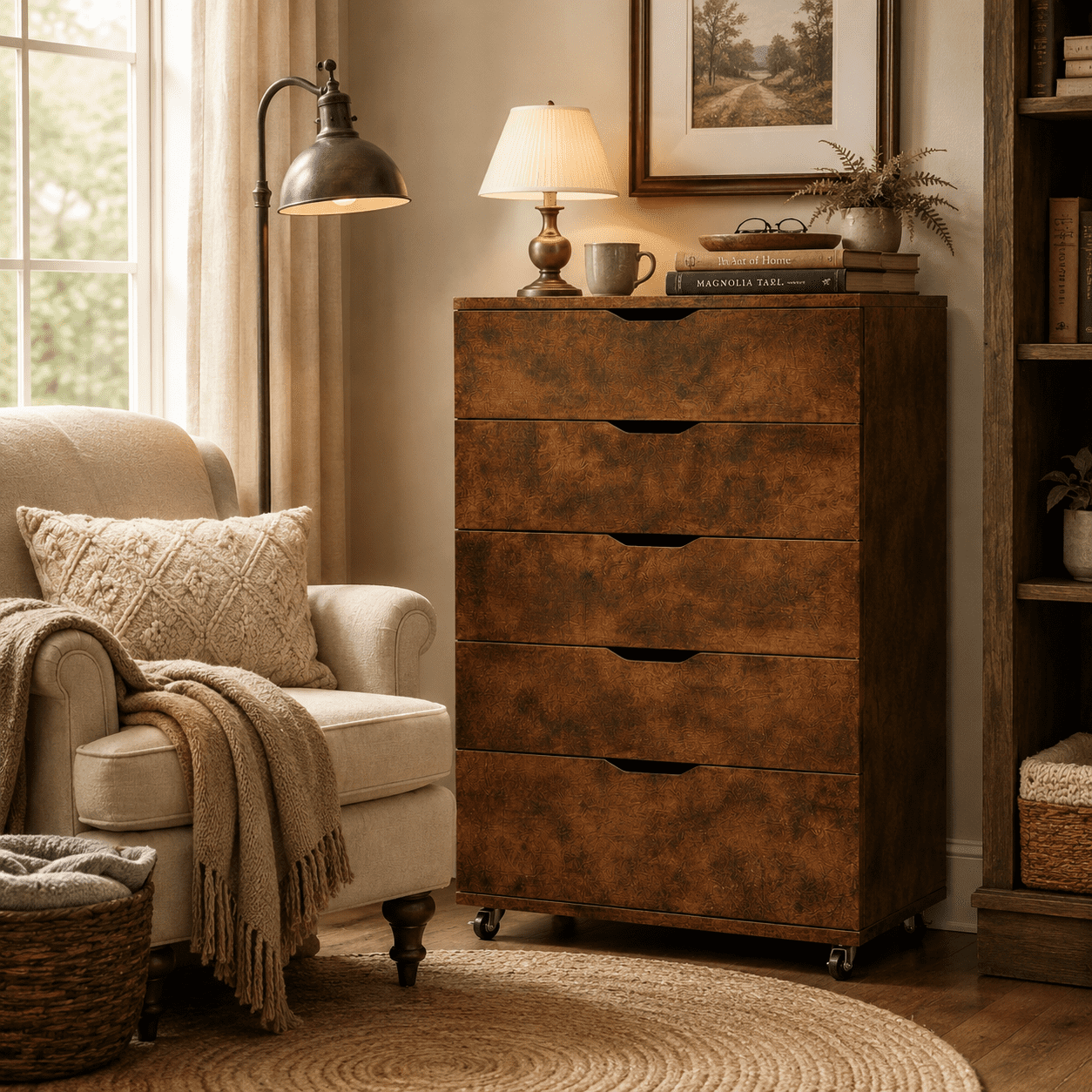 Homy Casa Rustic Brown 5 Drawer Dresser on Wheels for Bedroom Office