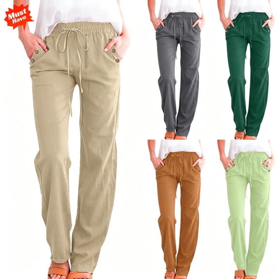 DailyTrove Women's Side Button Drawstring Pants, Elastic Waist Straight Leg Trousers