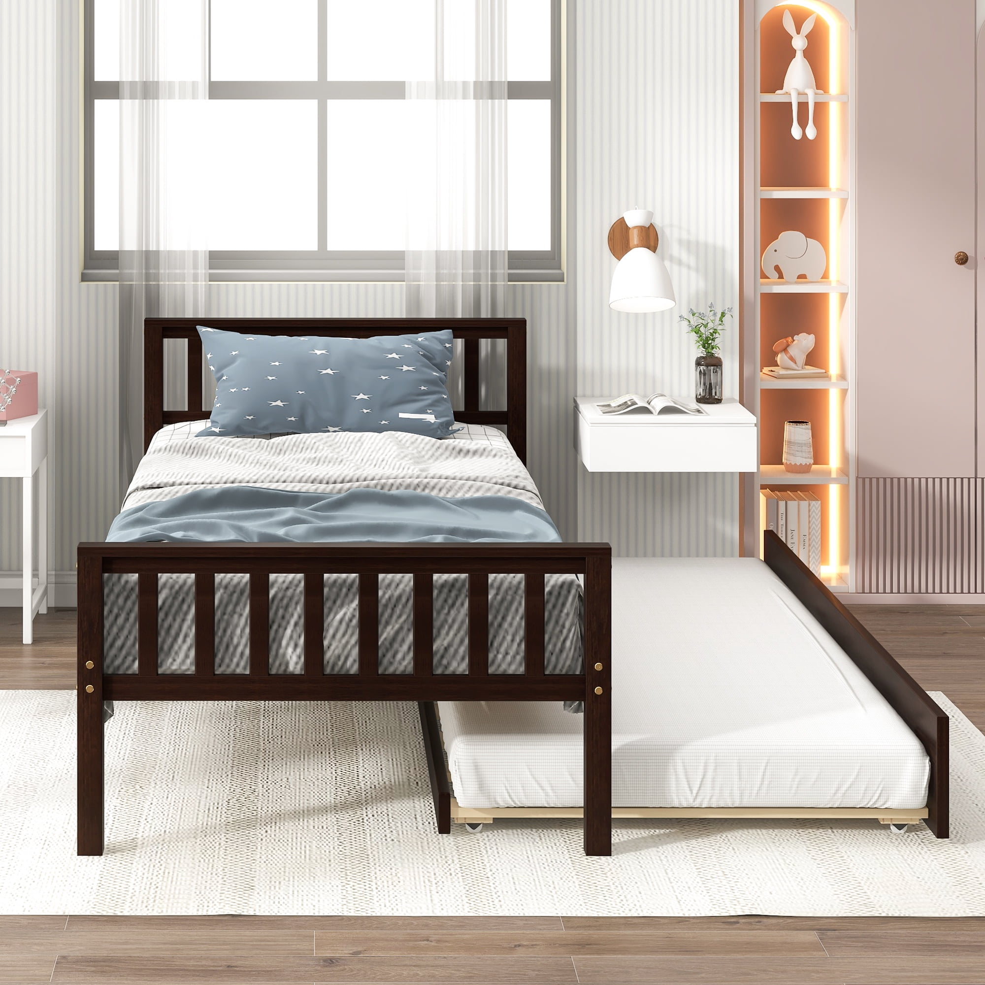Leumius Twin Size Bed Frame with Trundle, Platform Bed Frame with Headboard and Footboard for Bedroom Small Living Space Espresso