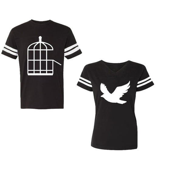 Bird CageUnisex Couple Matching Cotton Jersey style T-Shirt Contrasting stripes on sleeves (Men Black / Women Black) (Men S / Women S)