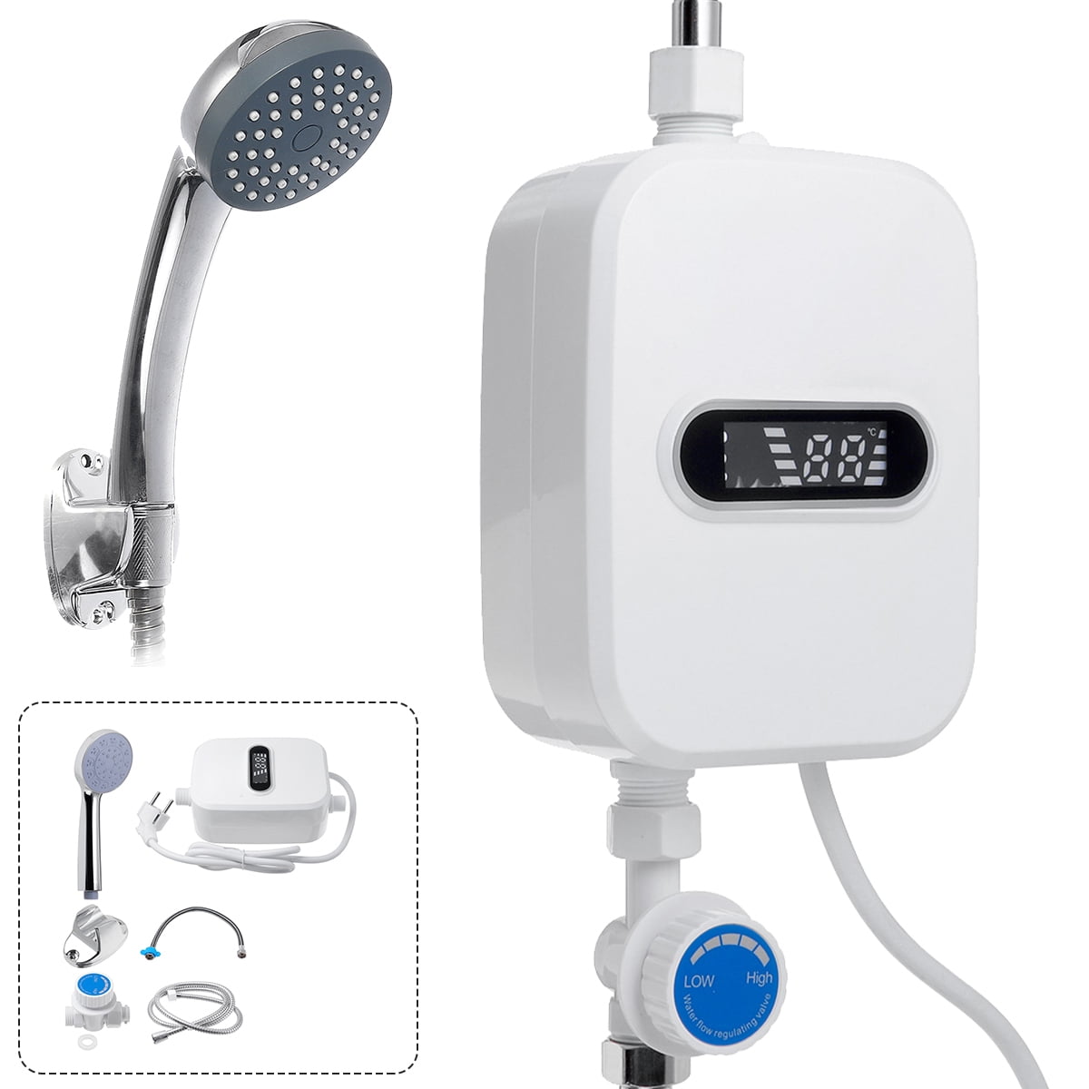 3500W Electric Tankless Water Heater Shower Head Set, Instant Hot Water Heater LCD Display, White