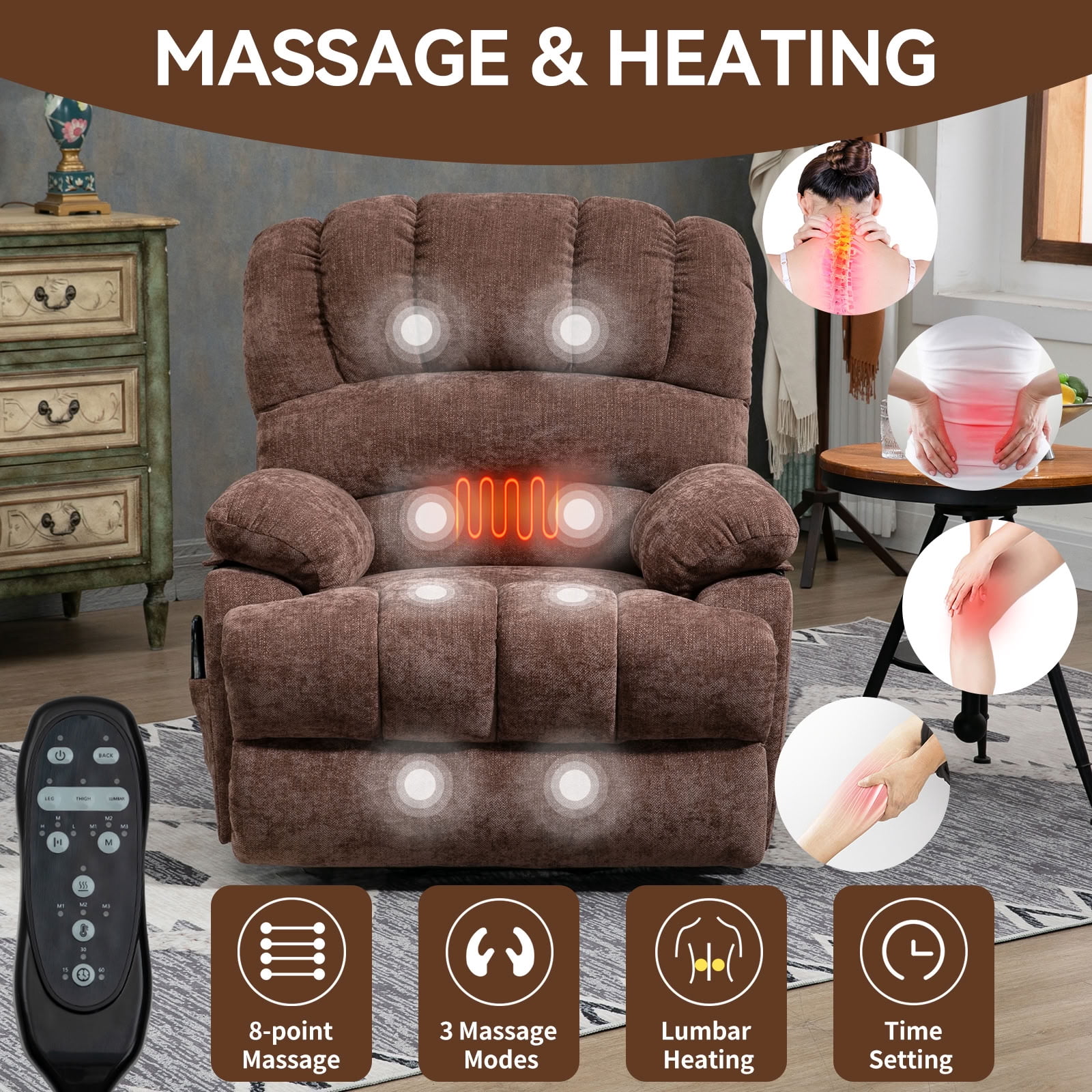 MAYEERTY Oversized Power Lift Recliner Chair, Chenille Electric Lift Chair with 8-Point Vibration Massage & Lumbar Heat, USB Port, for Living Room Elderly