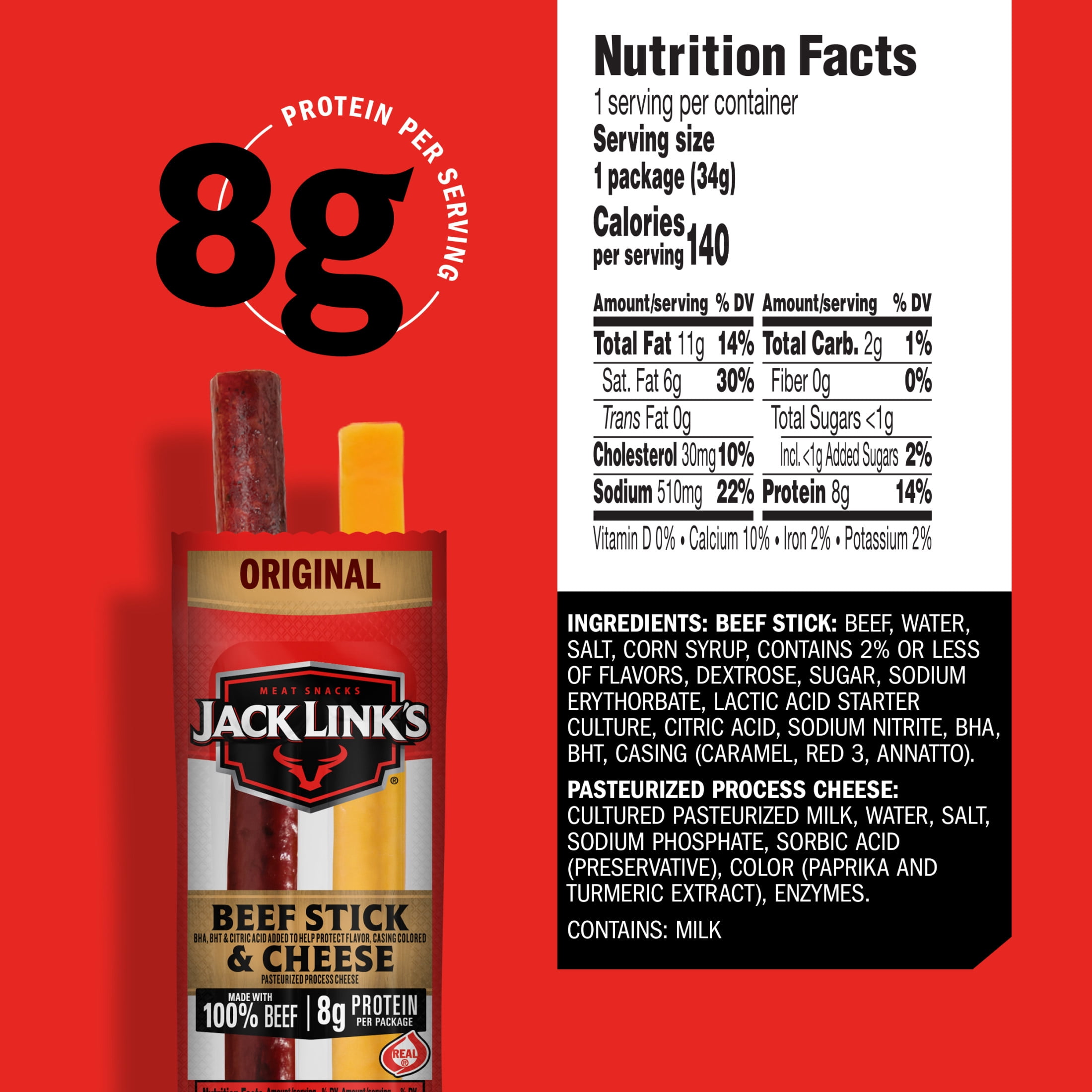 (10 pack) Jack Link's Snack Sticks, Protein Snack, All American Beef & Cheese Combo, 1.2oz