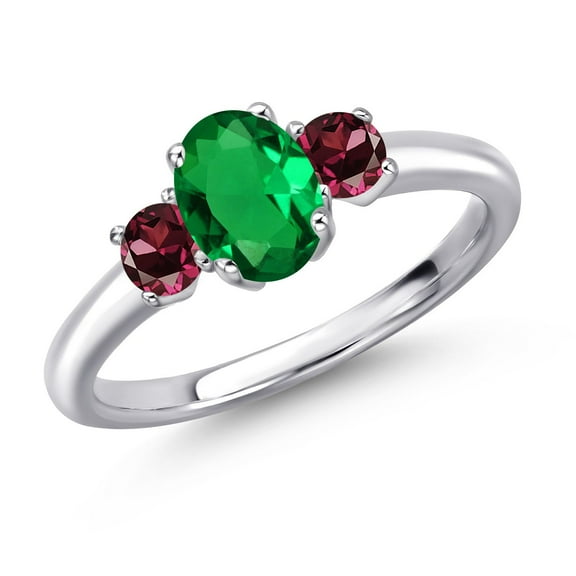 Gem Stone King 925 Sterling Silver Green Nano Emerald and Red Rhodolite Garnet Engagement Ring for Women | 1.04 Cttw | Oval 7X5MM | Gemstone May Birthstone | Size 6