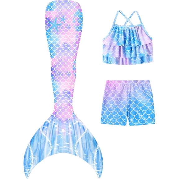 CARETOO 3Pcs Girls Swimsuits Mermaid Tail Suits Kids Multi Ruffled Trim Halter Mermaid Tail Swimsuit Colorful Fish Scale Pattern Costume Set Swimwear 4-10 Years