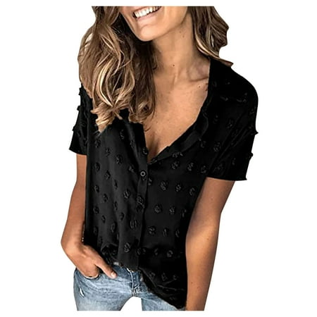 

Summer Blousees for Women 2023 Women Fashion Chiffon Blouse Short Sleeve Button Shirt Tops Blouse Shirts for Women Black XL