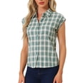 thumbnail image 4 of Camisa de botones de cuadros con cuello puntiagudo y mangas cortas para mujer INSPIRE CHIC en verde y blanco, 4 of 6