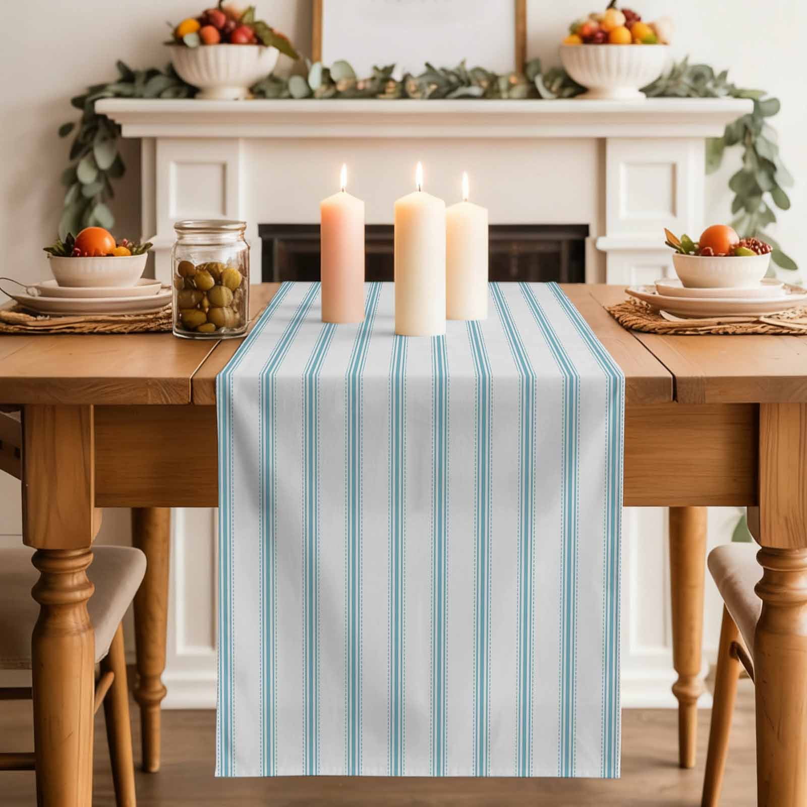 Blue Striped Table Runner, Blue White Stripes Farmhouse Washable Cotton Linen Table Runners 108 Inches Long, Dresser Scarf Runner for Dining/Living Room/Kitchen/Square Tables 13''x108''