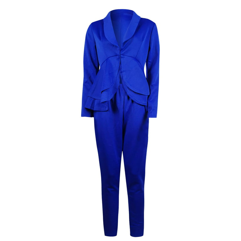 FRXSWW Women's Suit Set Solid Color Trousers Suit 2 Piece Outfit Set Casual  Outfits Blue L