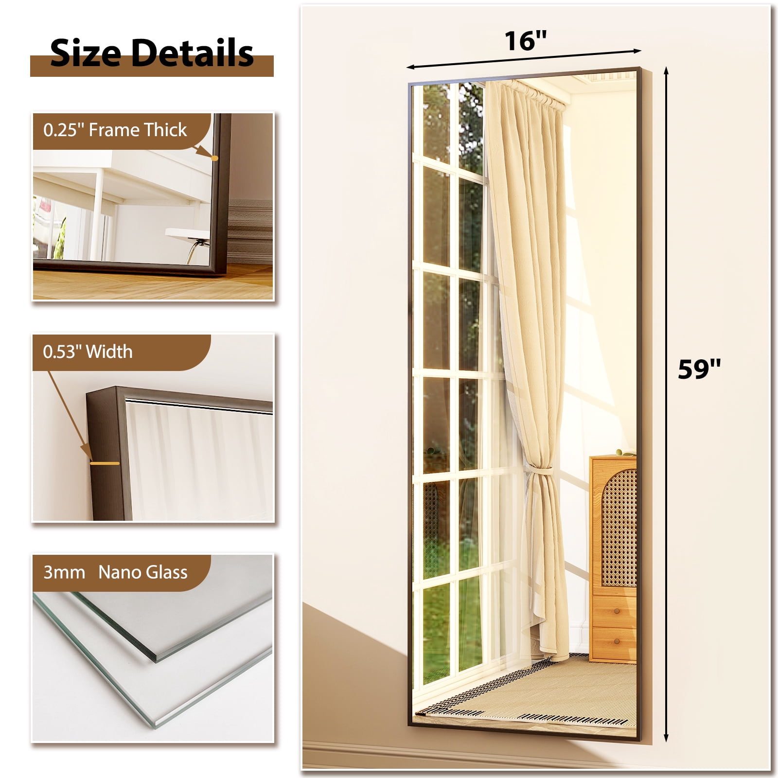 AUROMIR 16"x59" Rectangle Full Length Mirror Full Body Floor Mirror, Black