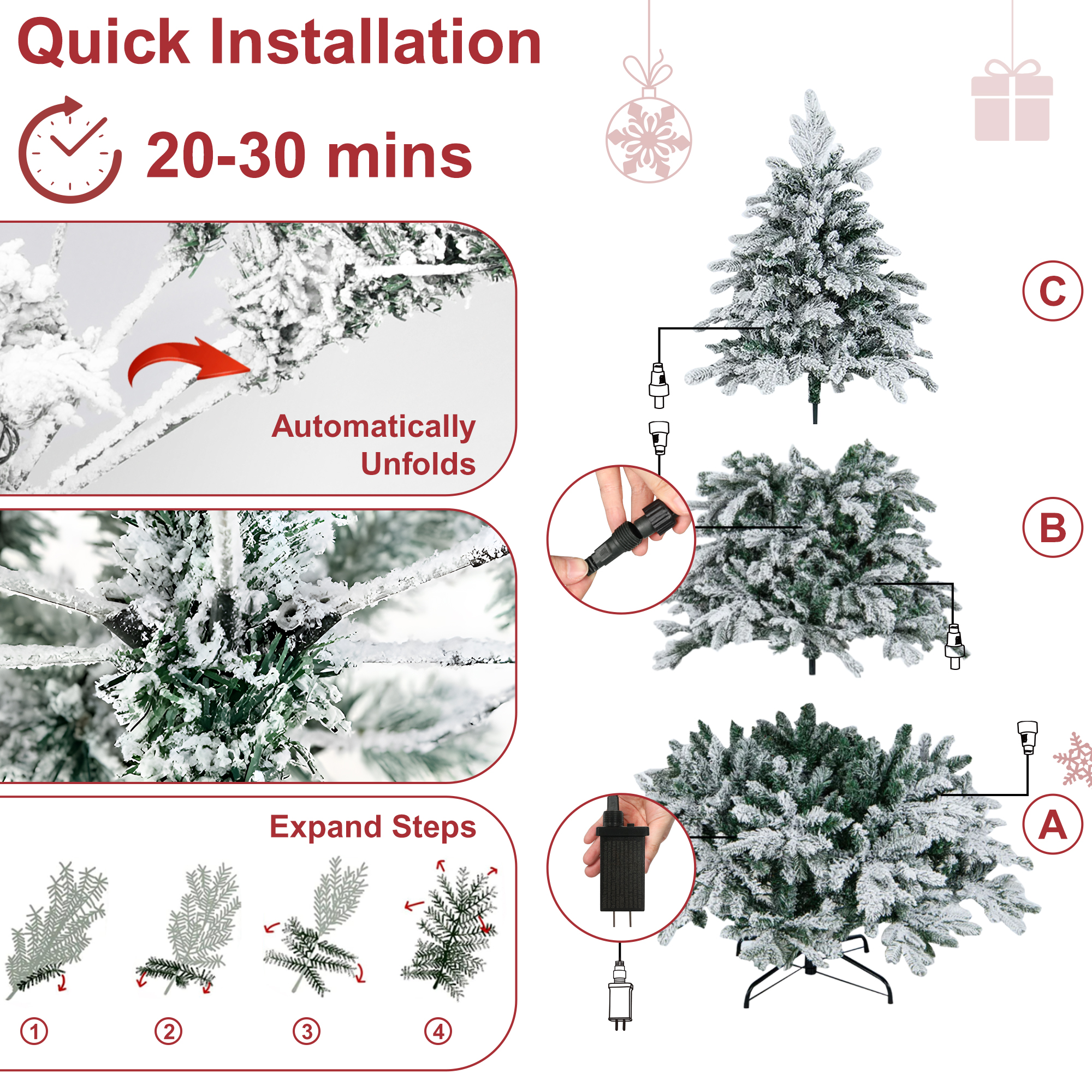 Firstness 7.5ft Pre-Lit Artificial Christmas Tree with 600 LED Lights,Snow Flocked Xmas Tree