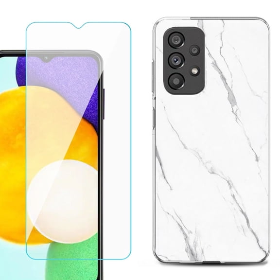 Slim-Fit Gel TPU Phone Case for Samsung Galaxy A23 5G, with Tempered Glass Screen Protector, by OneToughShield ® - Marble / White