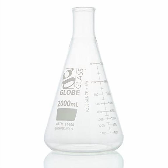 Globe Glass, Erlenmeyer Flask, 2000mL, Heavy Duty, Narrow Mouth, Dual Graduations, ASTM E1406, 1/Box