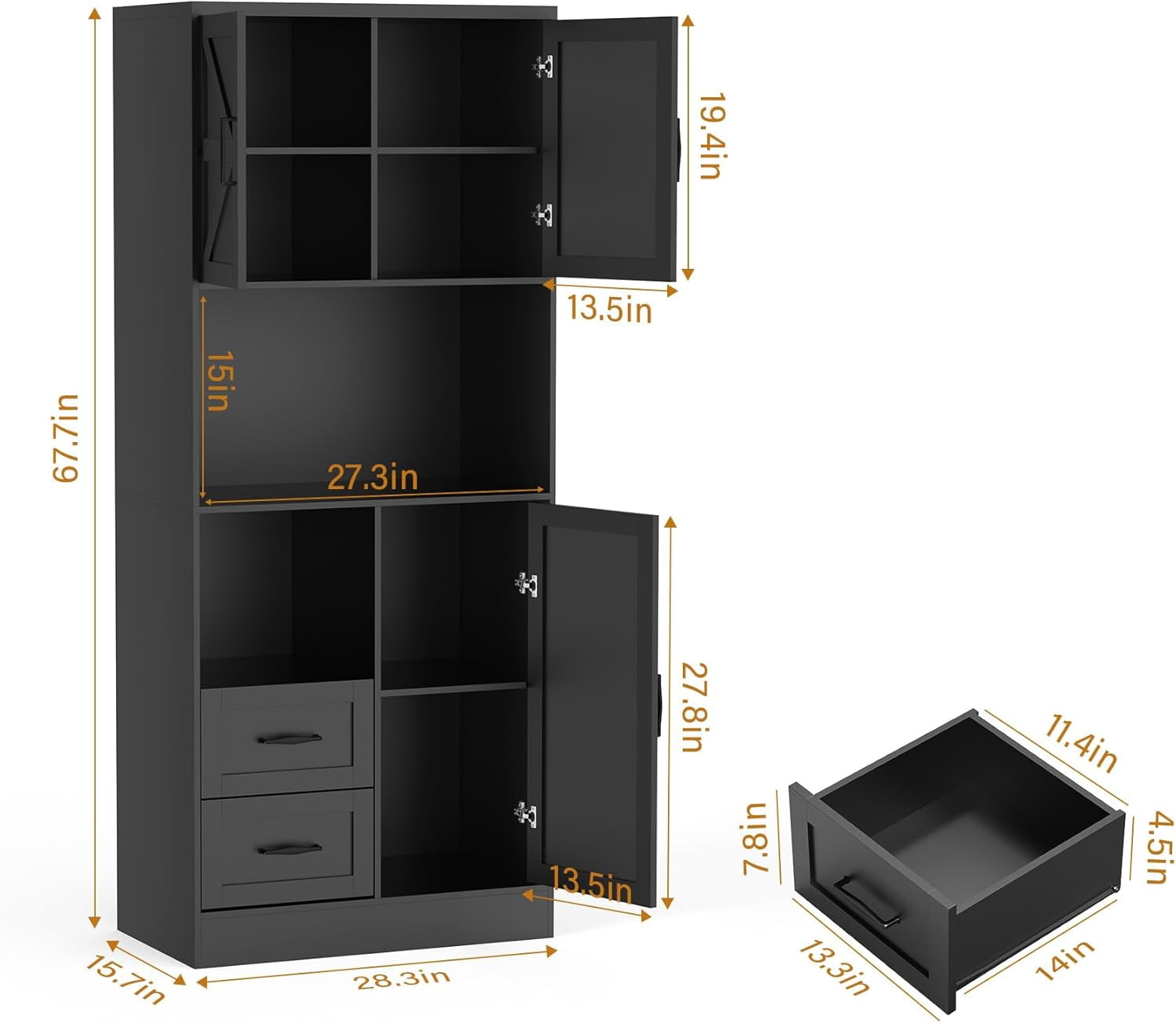 Lafnest  Farmhouse Kitchen Pantry with LED Lights & Power Strip,68" Tall Cabinet with Microwave Stand,Barn Doors & Drawers for Dining Room,Black