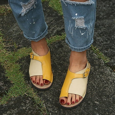 

Hvyes Women s Flat Sandals - Comfortable Fish Mouth Sandals Buckle Round Toe Slip-on Leather Sandal Casual Wear Cute Spring Summer Shoes