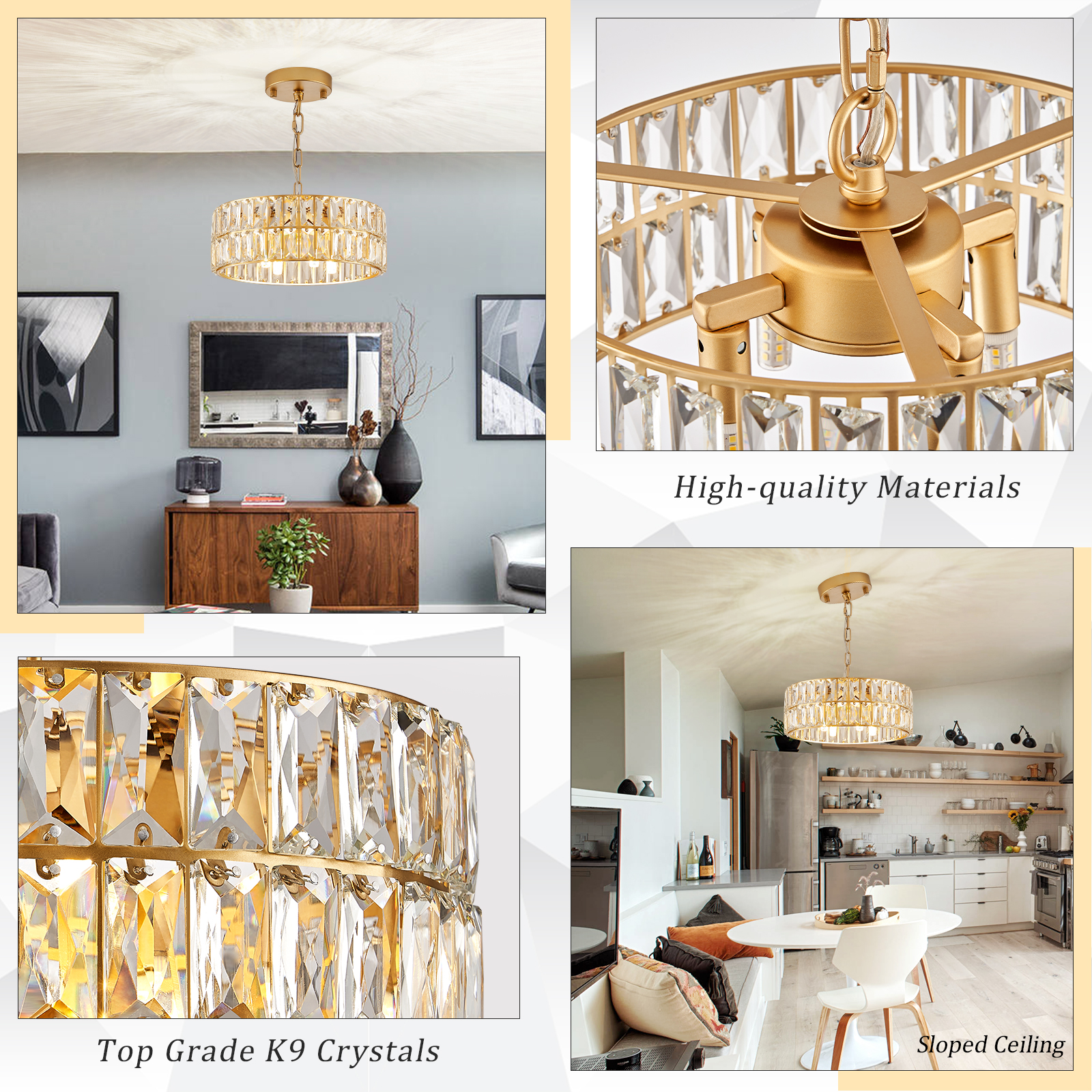 Small Gold Crystal Chandeliers, Modern Semi Flush Mount Chandelier 4-Light Drum Crystal Ceiling Pendant Light Fixture 12” for Foyer Entryway Kitchen Hallway Dining Room