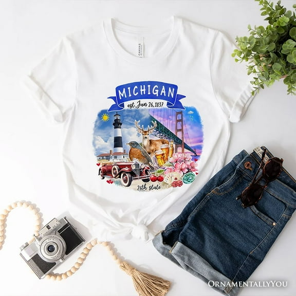 Artistic Michigan State Themes and Landmarks T-Shirt, Tee for History and Travel Lovers