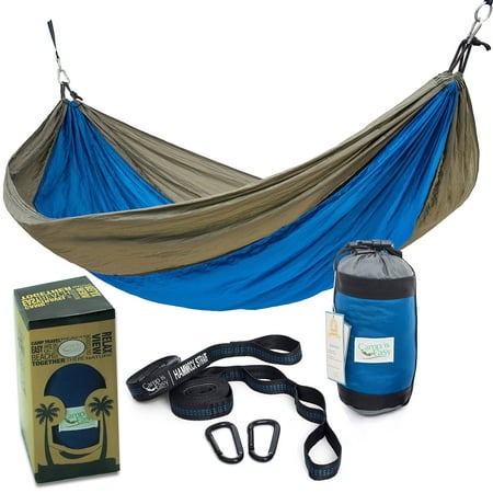 Rip Resistant Double Parachute Camping Hammock with 2 Multi Loops Tree Straps Included. Ultralight Nylon. Portable & Compact. Best for Hiking, Backpacking, Trek & Travel. Special Compression