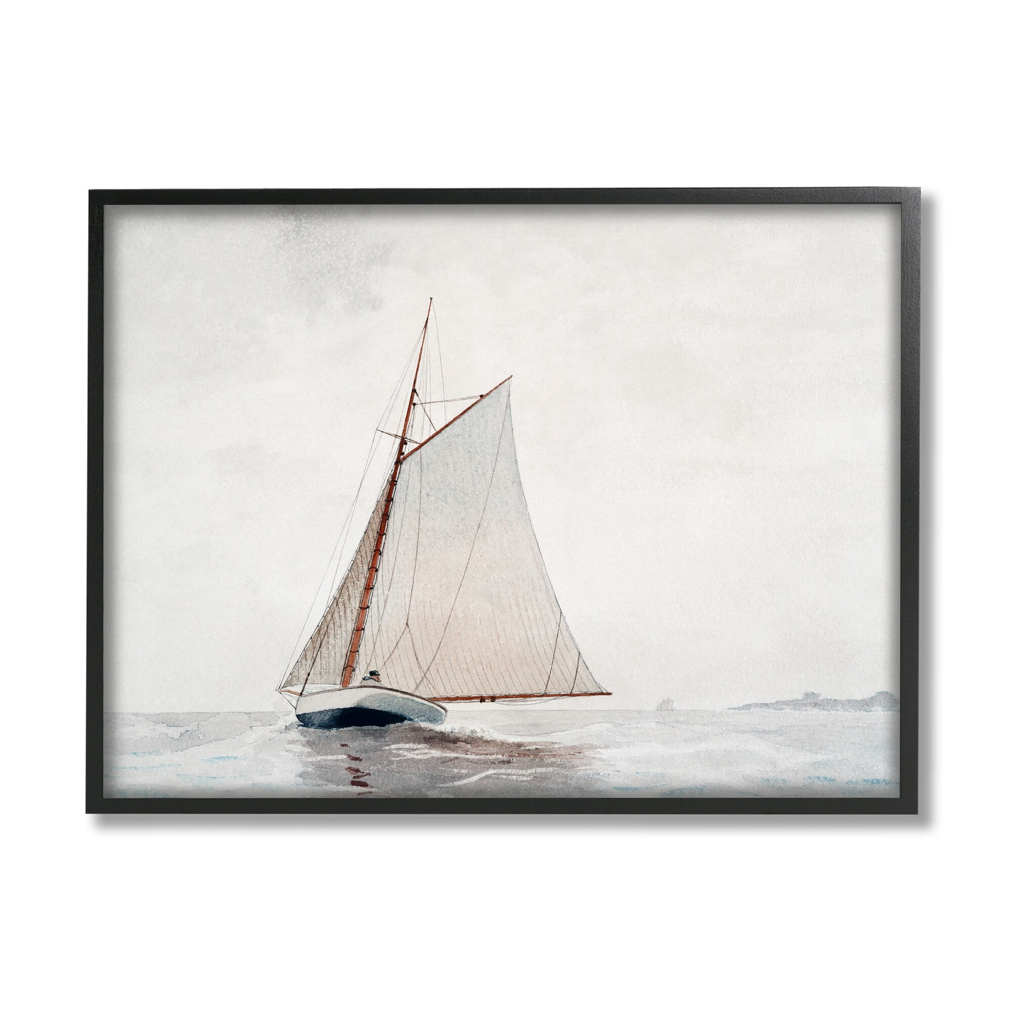 Stupell Industries Sailboat Foggy Weather Clouds Ocean Waves Crashing Painting Black Framed Art Print Wall Art, Design by Lettered and Lined
