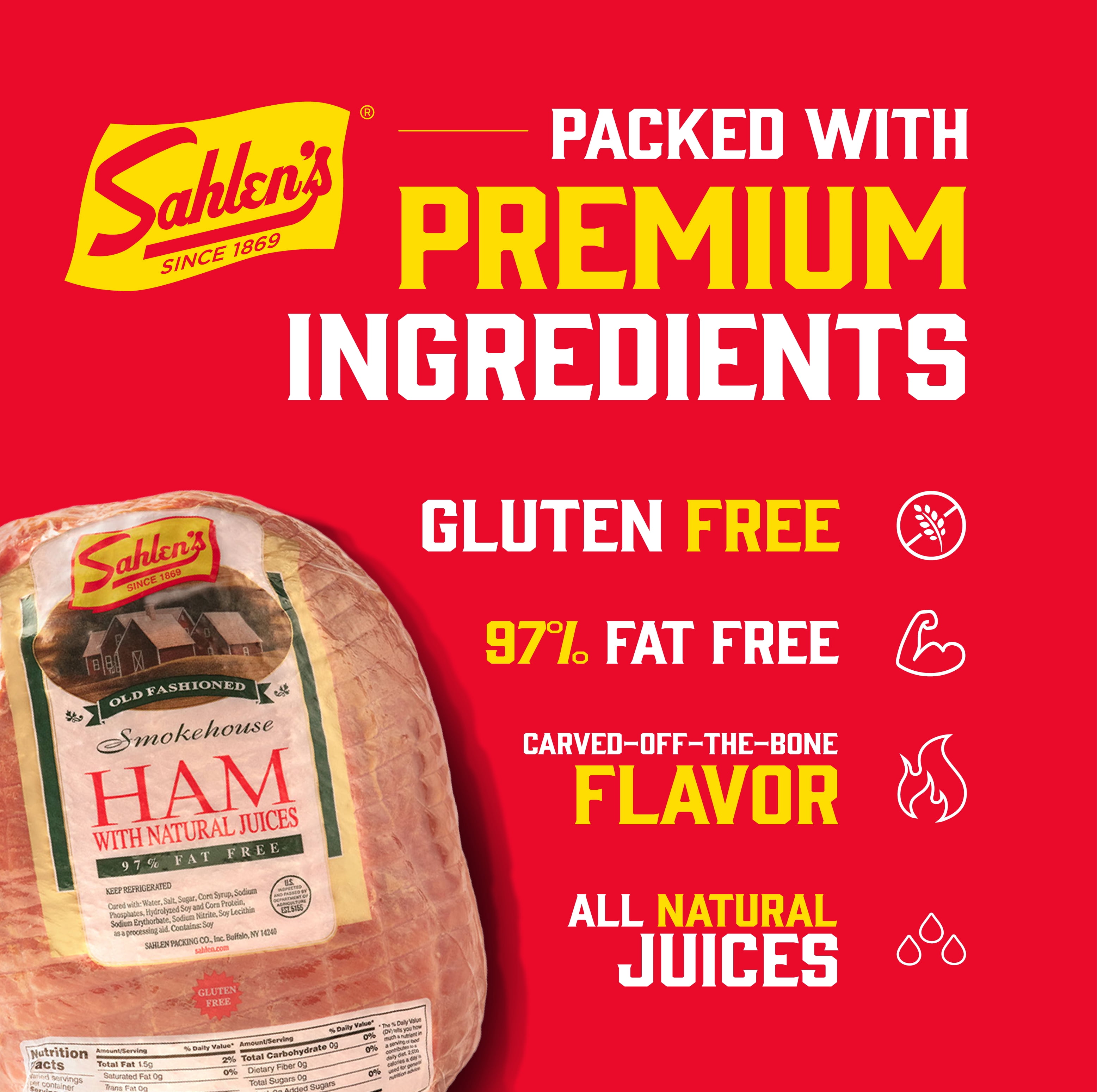 Sahlen's All Natural Smokehouse Carved Off The Bone Ham 97 Percent Fat Free Lunch Meat, Deli Sliced