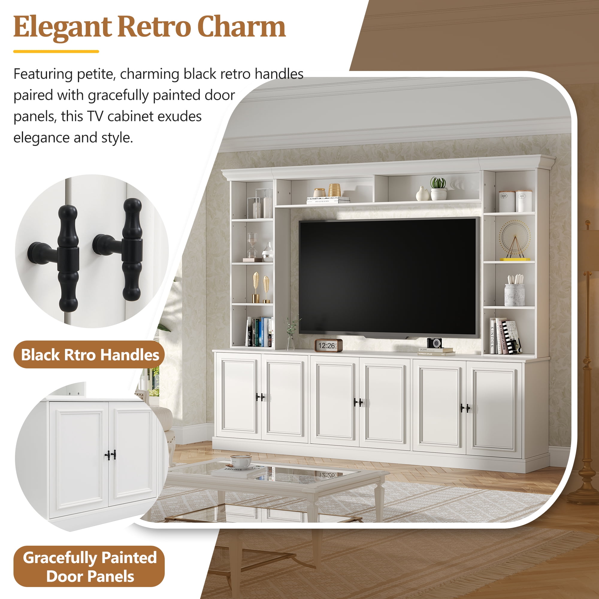 EUROCO 97.4"W Elegant 4-Piece Wall Unit Entertainment Center with Bookshelf for TVs Up to 70", Versatile TV Stand with Adjustable Shelf, Mid-Century Media Console for Living Room