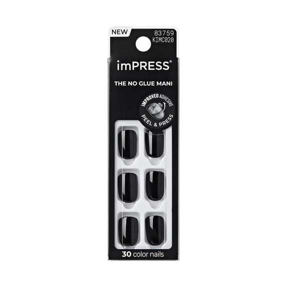 Kiss Impress Color Short Square Oval Press-On Nails with Glue, Black Solid, 30 Pieces